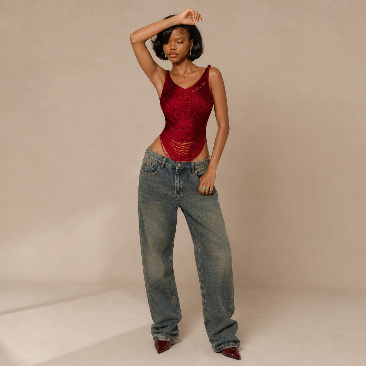 Top Dos Nu Franges Bordeaux