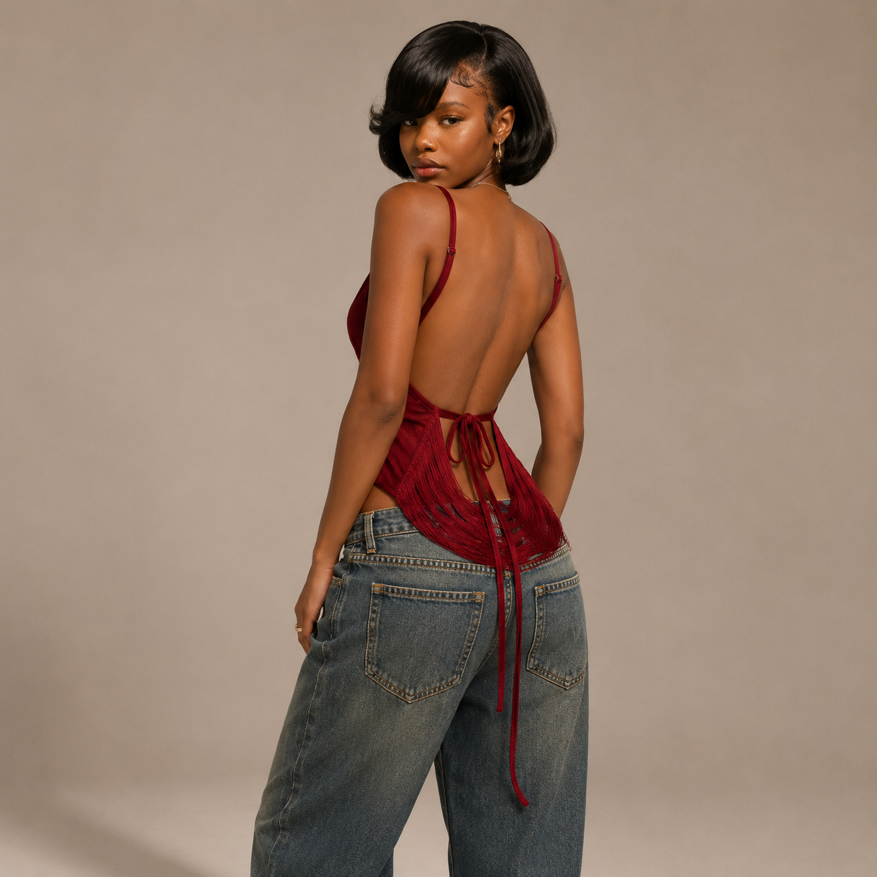 Top Dos Nu Franges Bordeaux