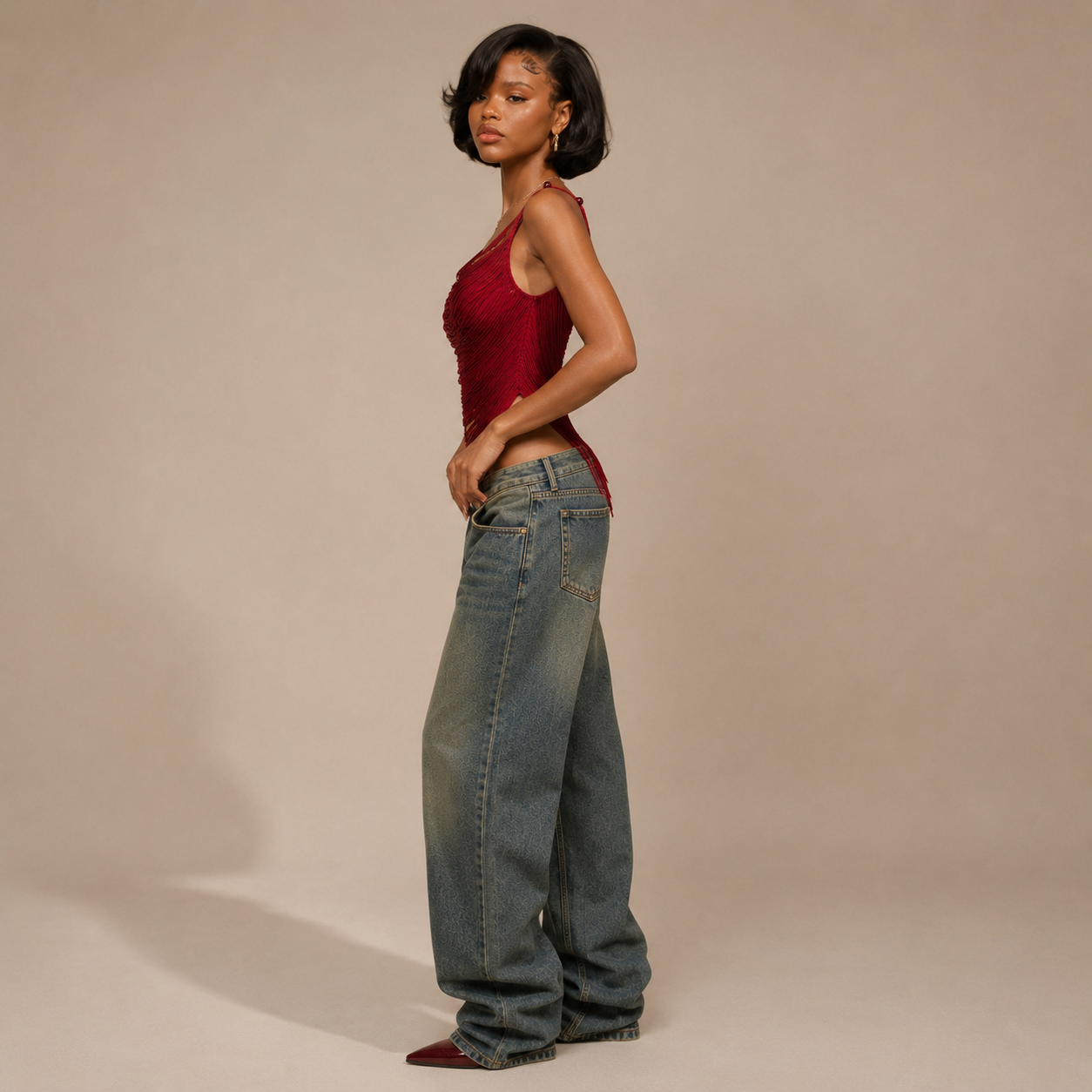 Top Dos Nu Franges Bordeaux