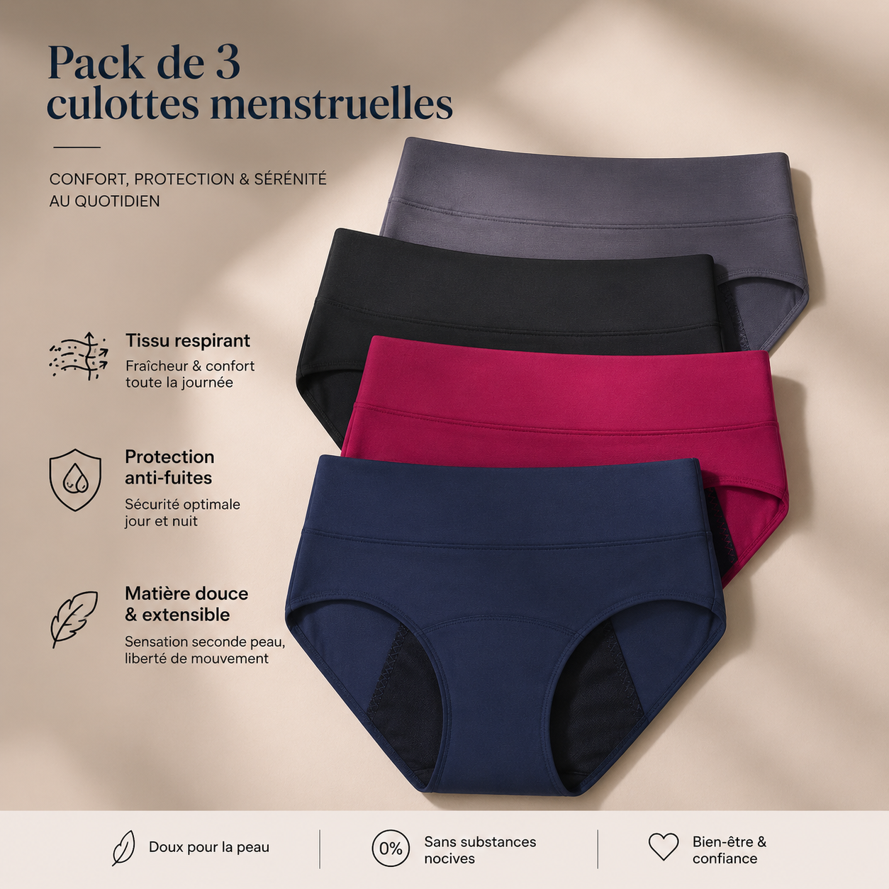 Pack de culottes menstruelles taille haute en plusieurs coloris sur fond beige
