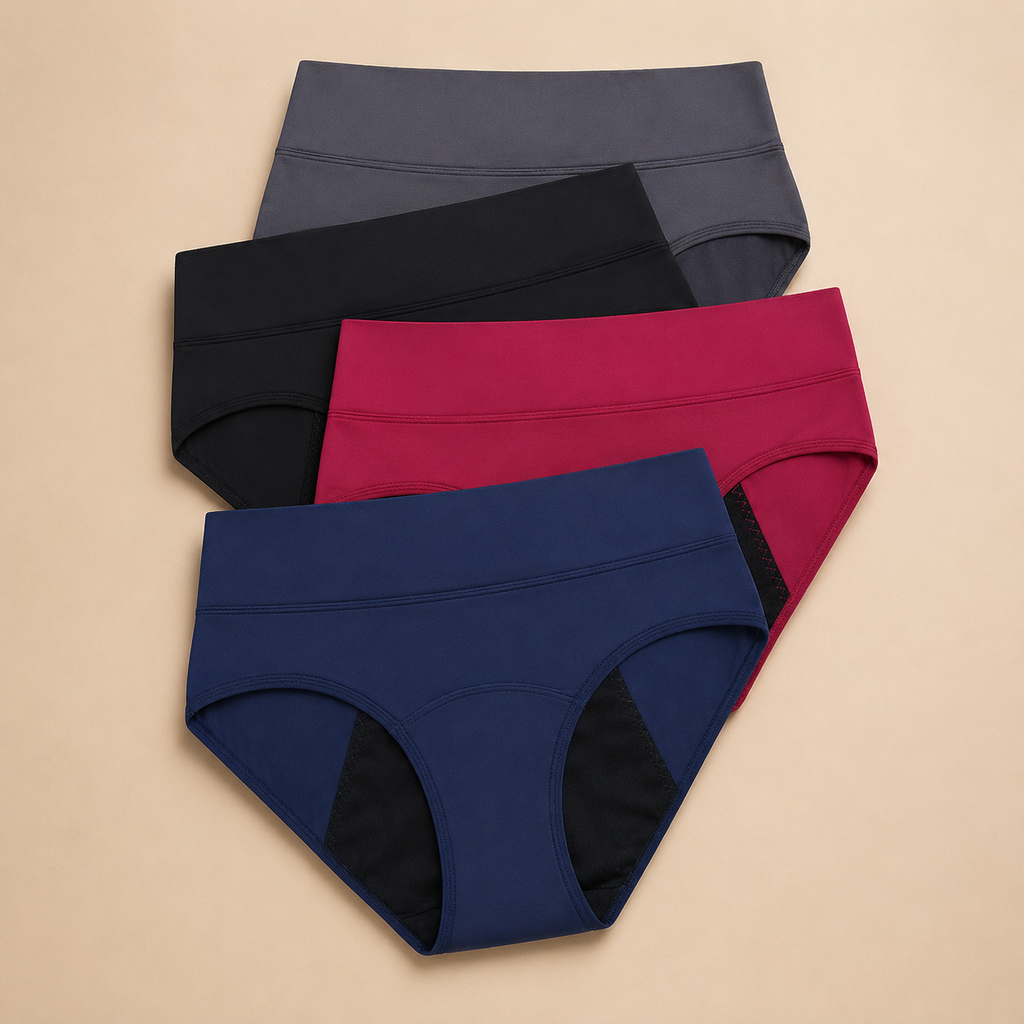 Pack de 3 culottes menstruelles taille haute sur fond beige avec bénéfices produit